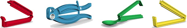 Reusable bag sealing clips, sealers, closures, grippers and scoops